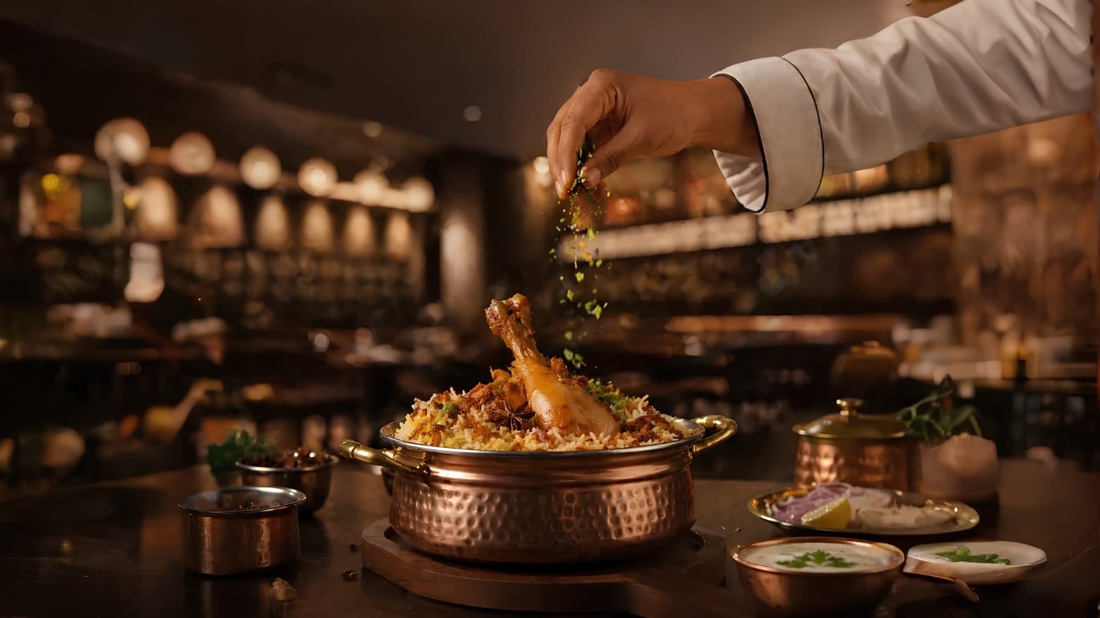 A chef garnishing a Hyderabadi dum biryani in a copper handi at Biriyani Zone